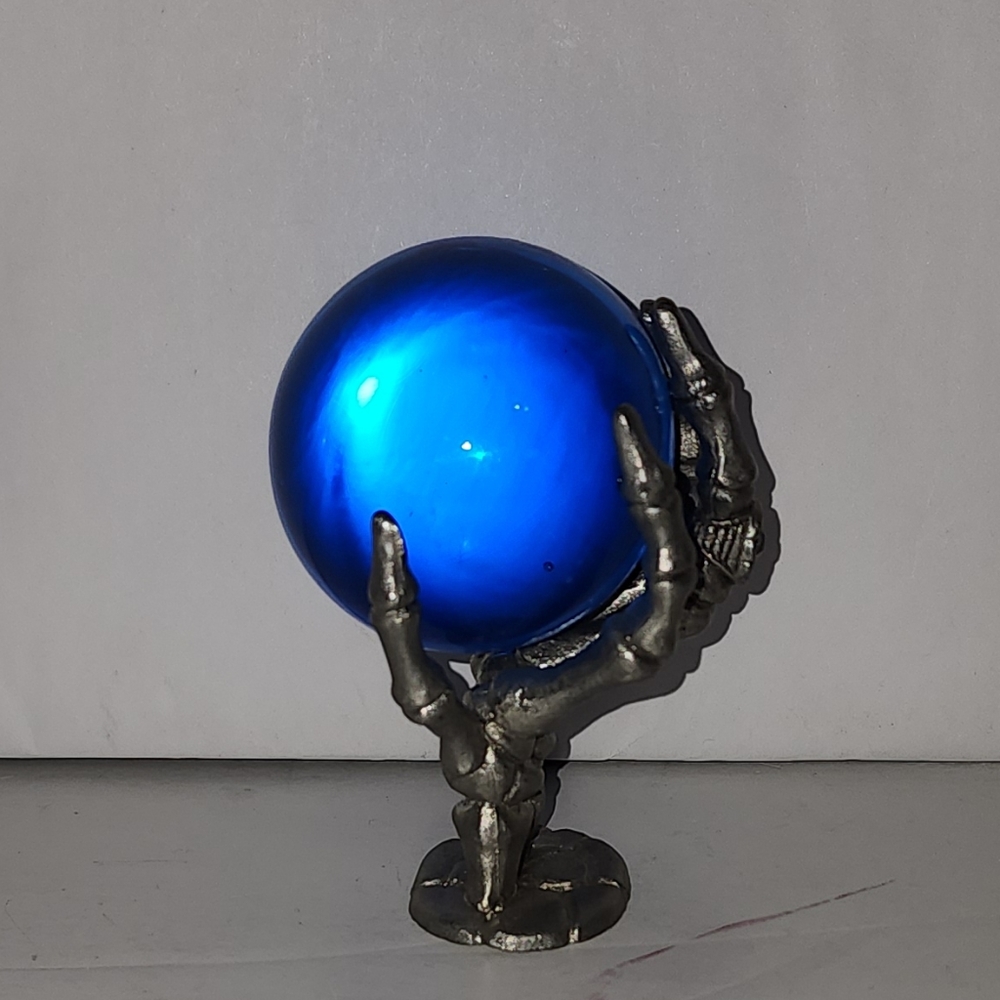 Vintage Spoontiques Pewter Skeleton Hand Holding Blue Crystal Ball